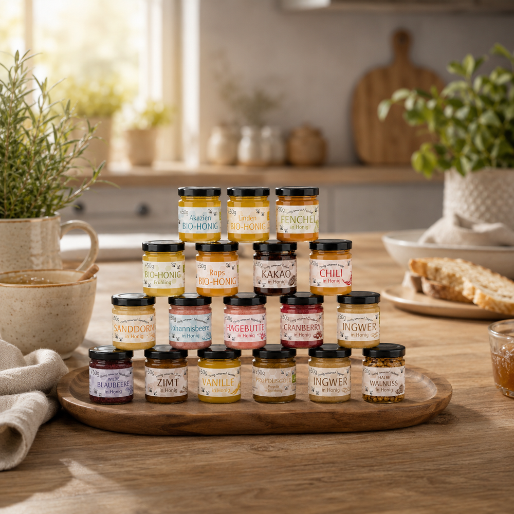 18er Honig Geschenkset – Mini Gläser Detailansicht