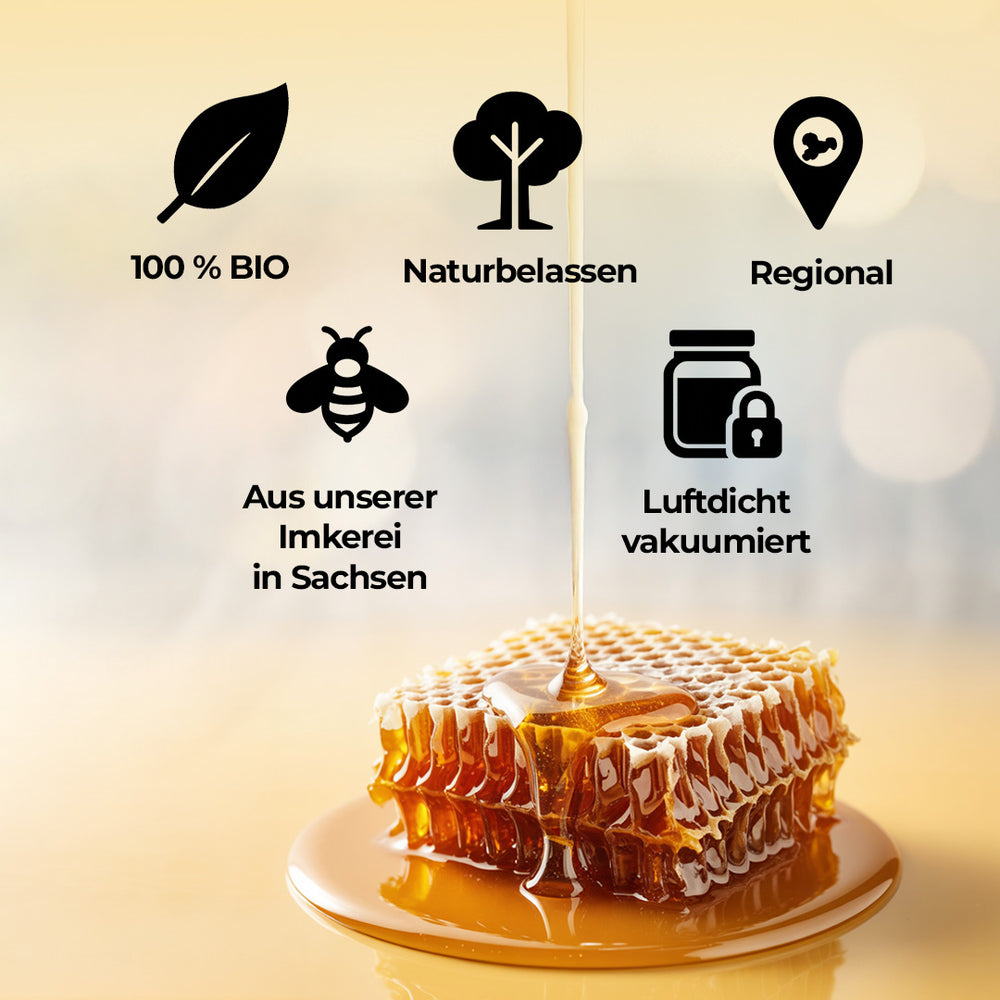 Bio Wabenhonig Sommerhonig – 100 % Bio, naturbelassen, regional aus sächsischer Imkerei, luftdicht vakuumiert