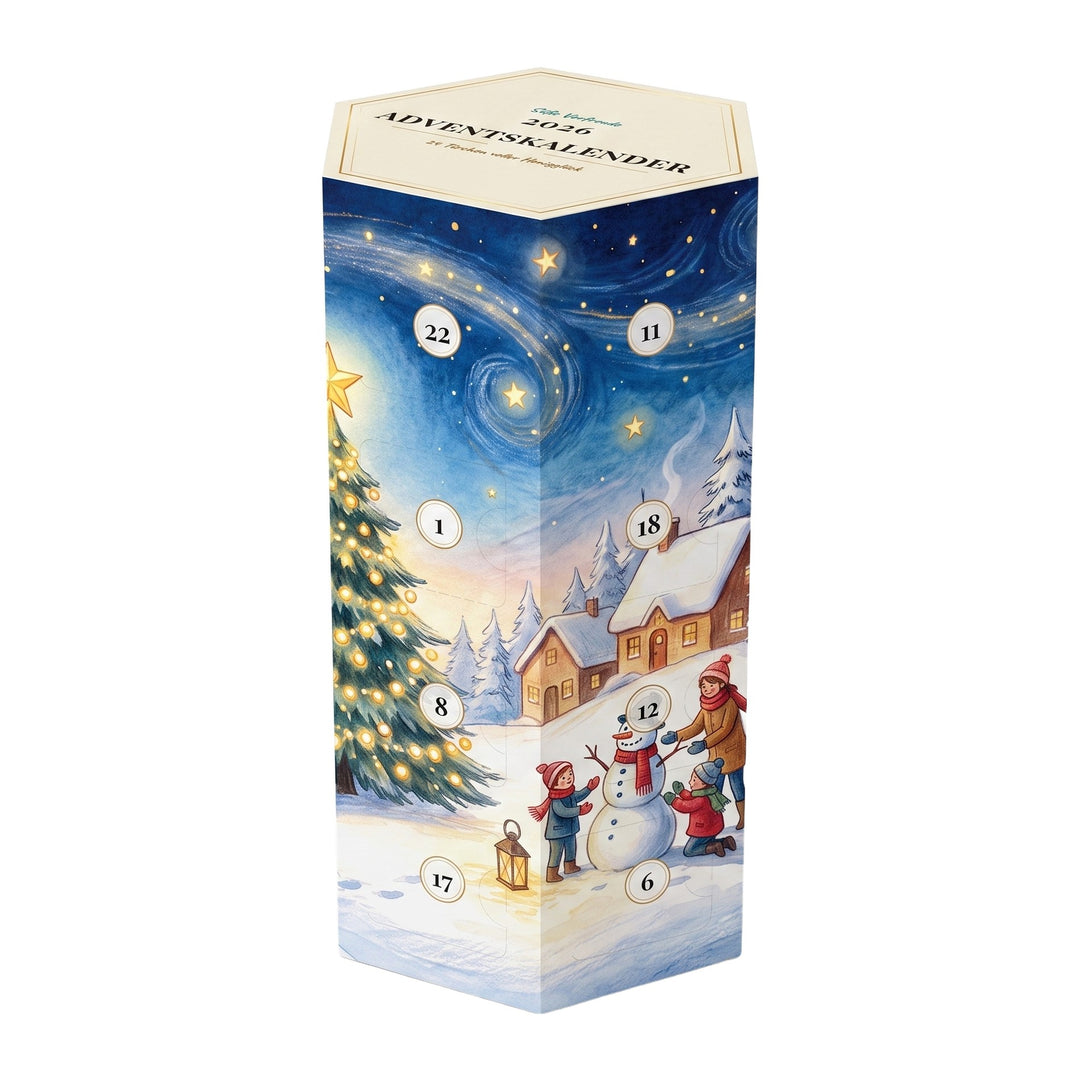 Bio Honig Adventskalender 2026 – Verpackung freigestellt auf weißem Hintergrund mit 24 Türchen