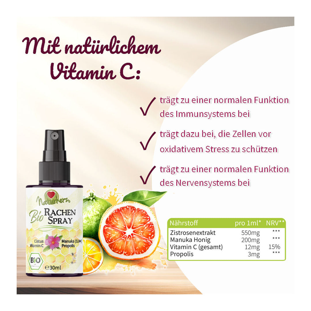 Vaporisateur gorge bio au ciste, manuka, vitamine C & propolis