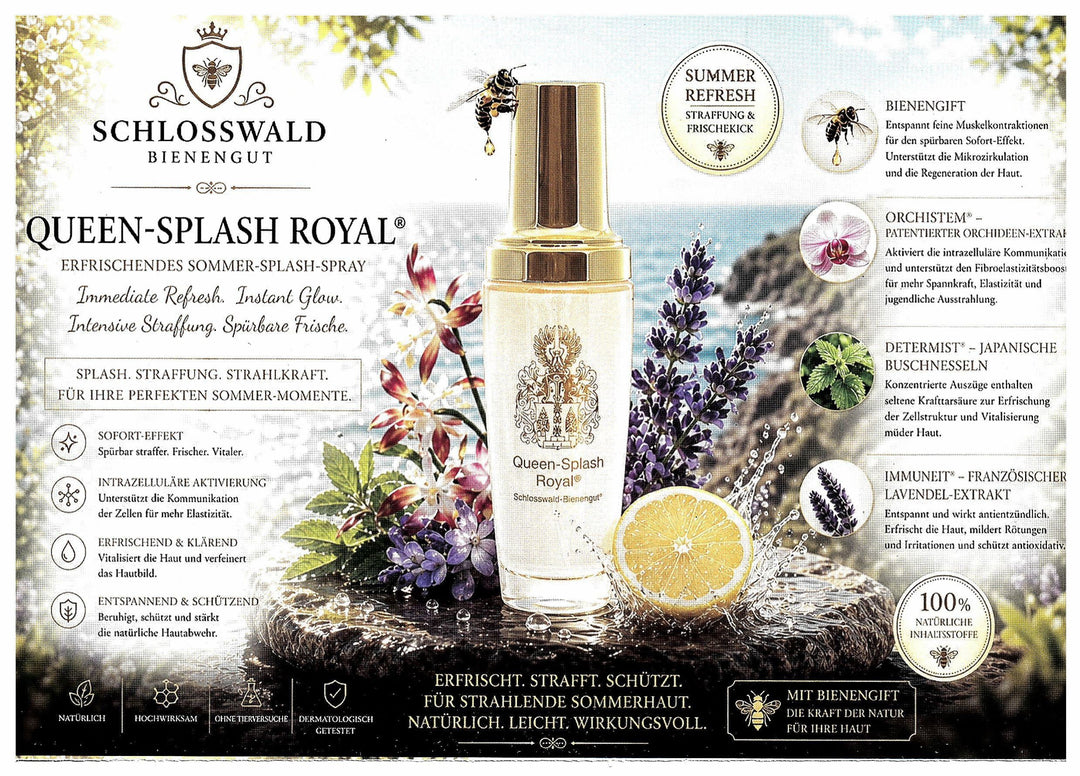 Queen-Splash-Royal® straffendes Gesichtsspray von Schlosswald Bienengut mit Flakon, Zitrone und Lavendel.