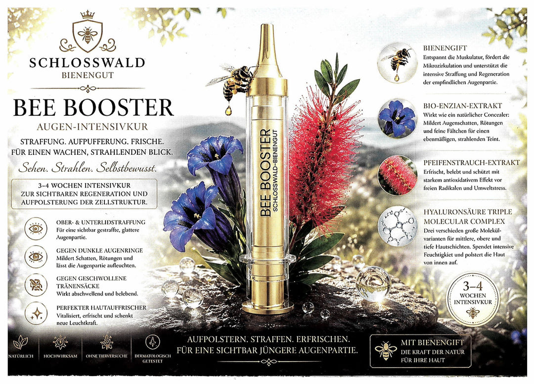 Schlosswald Bienengut Bee Booster Augen-Intensivkur mit Bienengift, goldener Serum-Stift mit Kornblume und roter Blüte, für einen wachen, strahlenden Blick